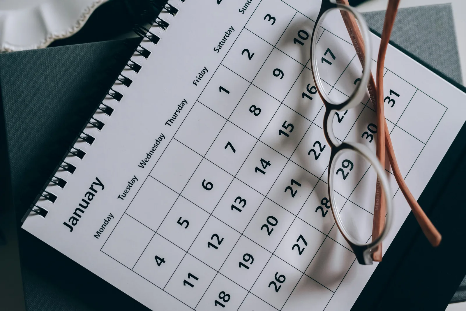 How to Use WACC as a Discount Rate in a DCF Valuation A calendar with reading glasses — representing the future years of cash flow that a DCF discounts back to present value using WACC as the discount rate