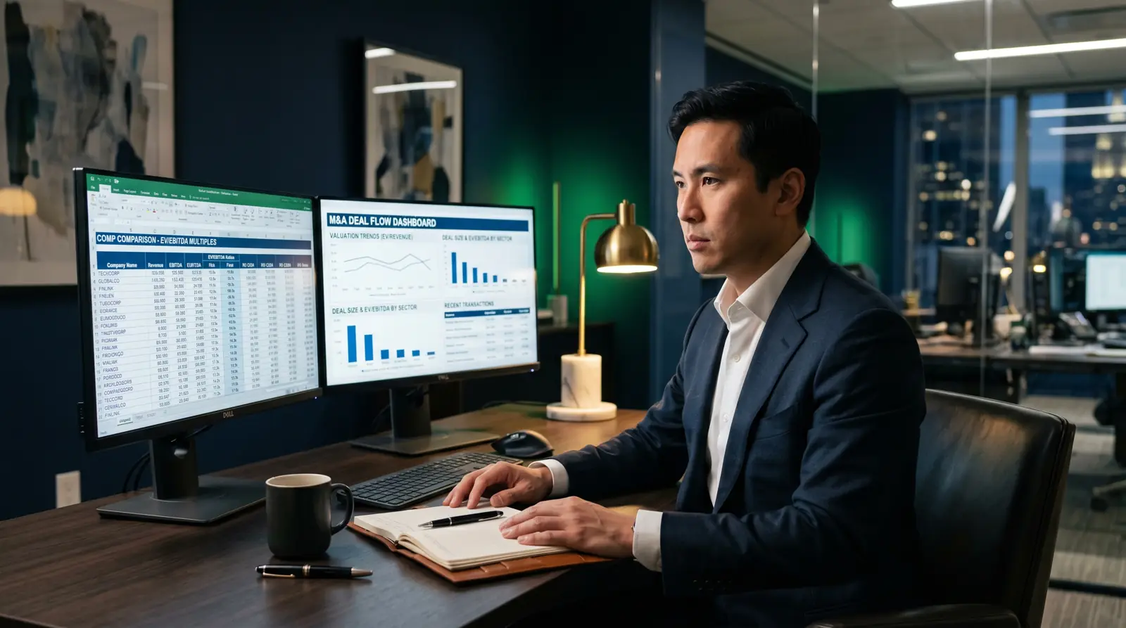 EV/EBITDA: The Valuation Metric Professional Investors Actually Use Professional investment analyst reviewing EV/EBITDA multiples and M&A valuation dashboards across dual monitors in a corporate finance setting