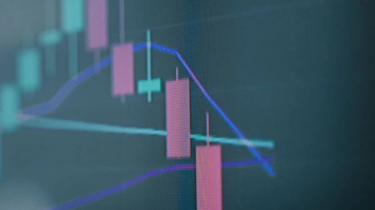 Should You Keep Investing During a Recession? A market screen shows a run of red candlesticks falling below a blue moving-average line.