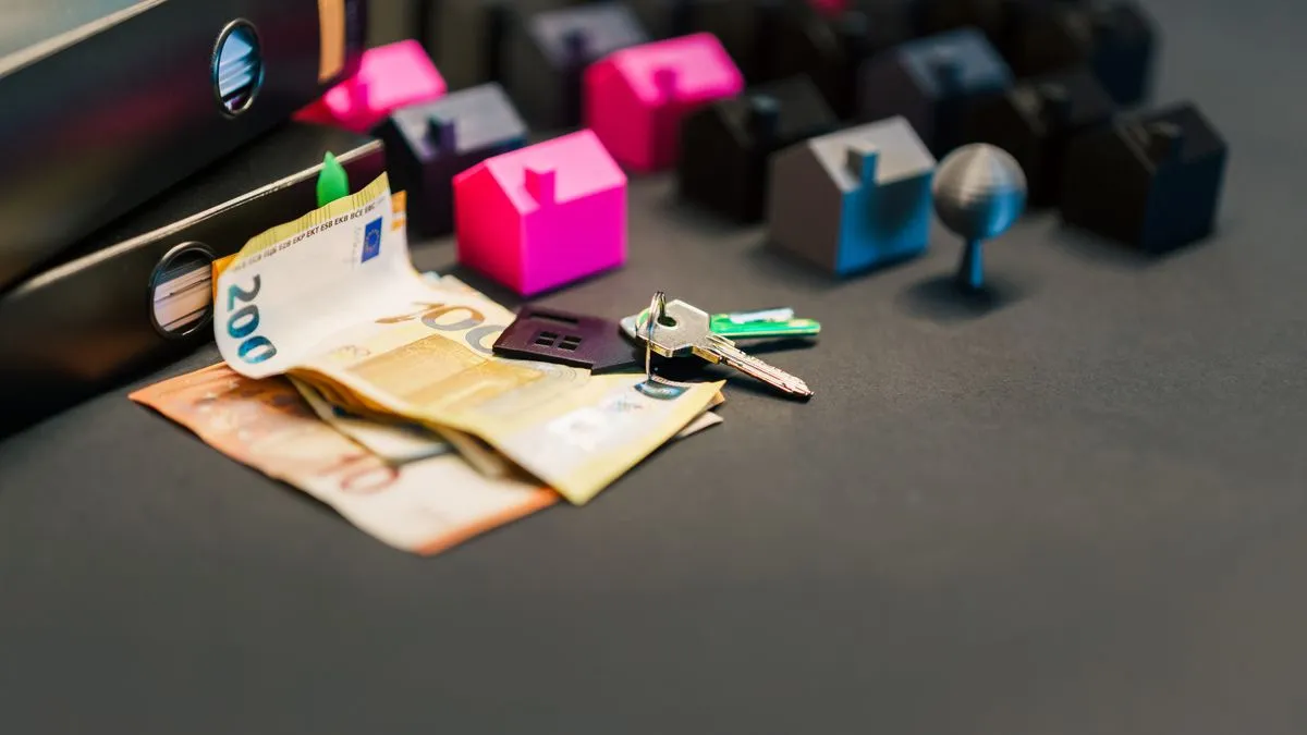 Overpay your mortgage or invest? How to decide Euro banknotes and a set of house keys lie on a dark desk beside a black folder, surrounded by small pink, grey and black model houses.