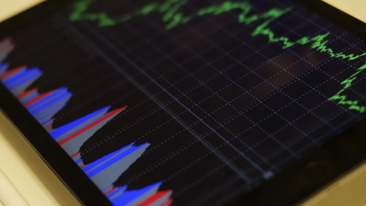 Sequence of Returns Risk: Why the Order Matters A tablet lying on a desk displays a jagged green market line above blue and red volume bars.