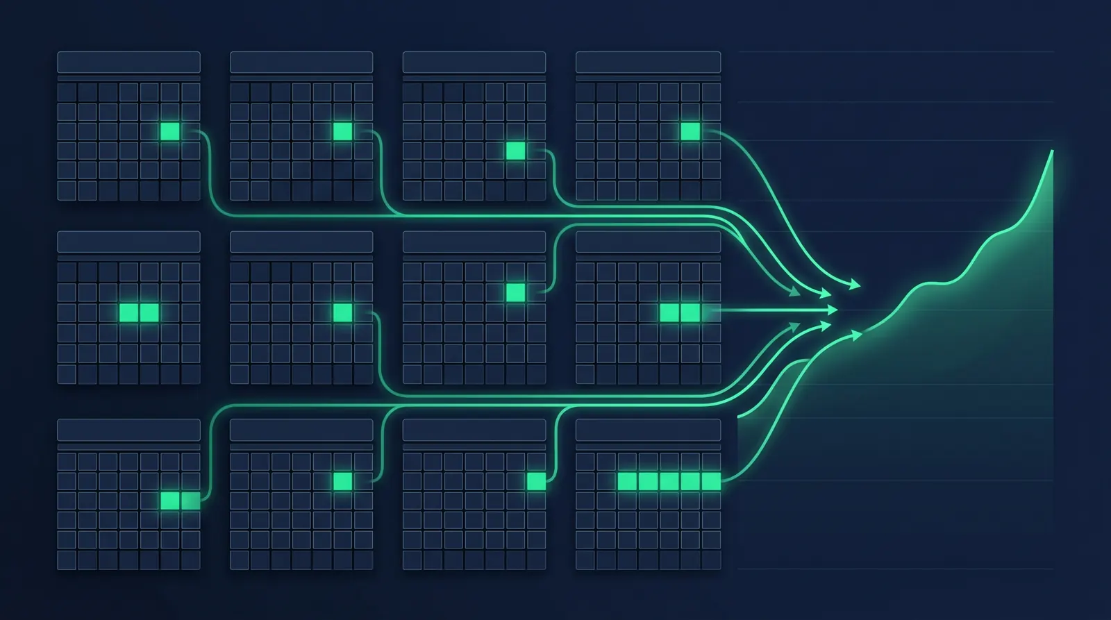 Automated SIP investment schedule — calendar with monthly recurring dates highlighted in emerald green flowing into a rising portfolio chart