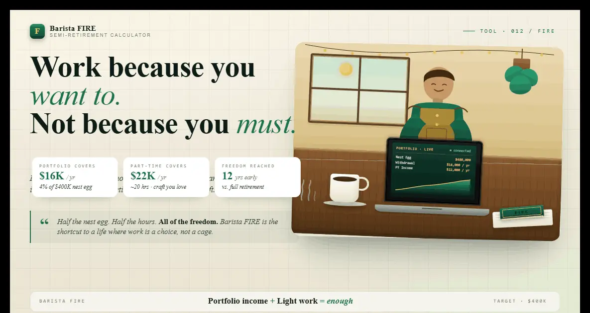 Barista FIRE calculator — semi-retirement financial independence with part-time work and portfolio income