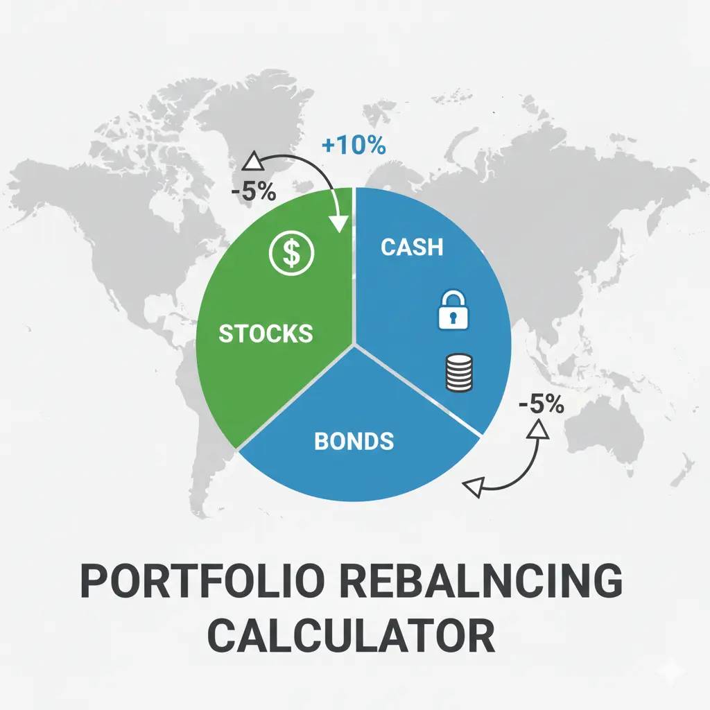 Portfolio rebalancing calculator — pie chart showing asset allocation shifts between stocks bonds and cash